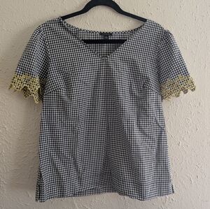 Ann Taylor Gingham Checkered Top with Yellow Lace Embroidered Detail